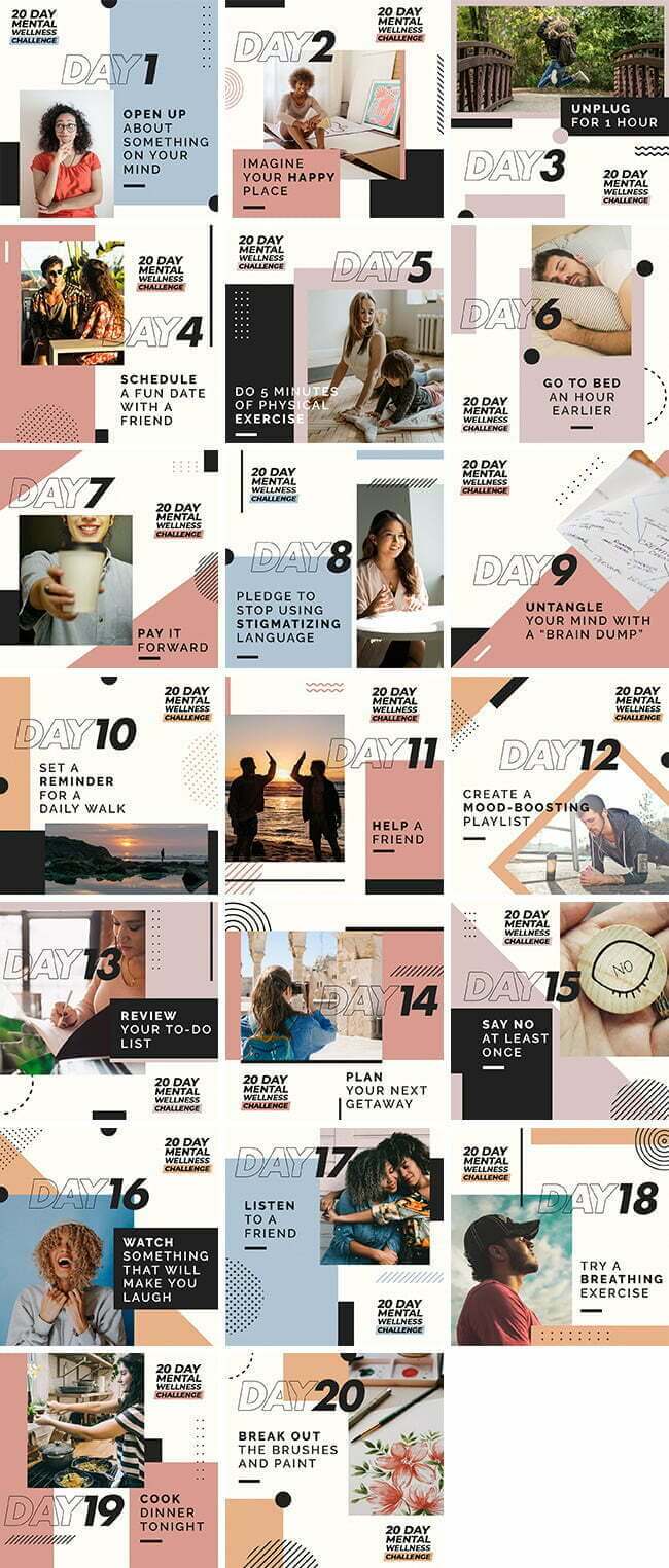 20 Day Mental Wellness Challenge Bundle 1 Social Media Images - 20 Day Mental Wellness Challenge Bundle | Healthinomics